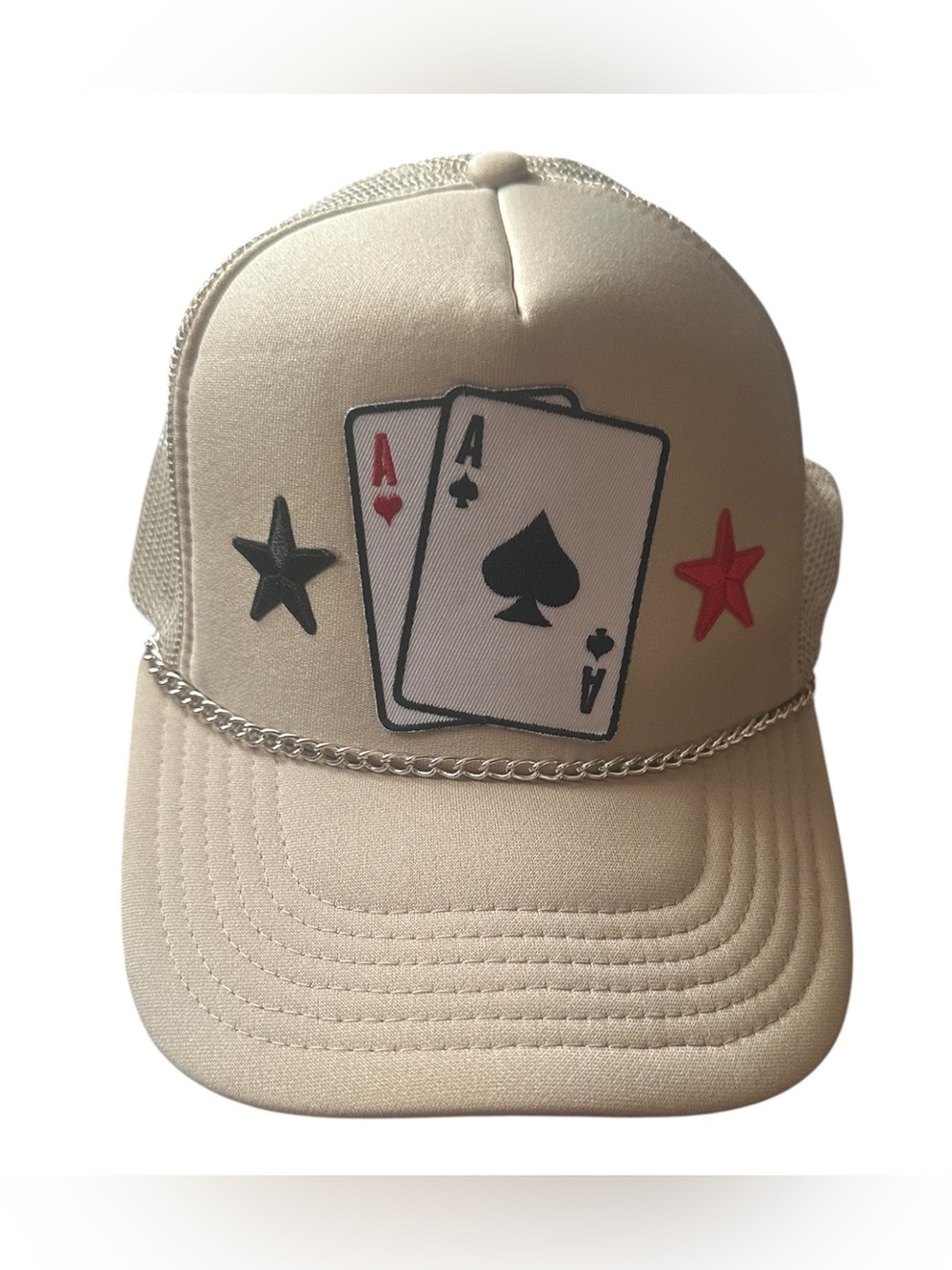 OTTO Aces Cards Stars Patches and Goldtone chain Beige Trucker SnapBack Cap Hat